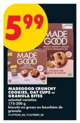 MADEGOOD CRUNCHY COOKIES, OAT CUPS or GRANOLA BITES