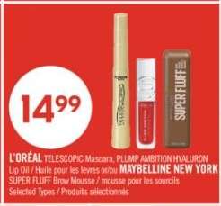 L'ORÉAL TELESCOPIC Mascara, PLUMP AMBITION HYALURON Lip Oil / MAYBELLINE NEW YORK SUPER FLUFF Brow Mousse