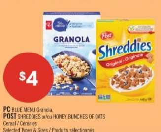 PC BLUE MENU Granola, POST SHREDDIES or/ou HONEY BUNCHES OF OATS