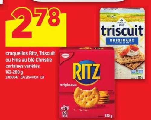 Craquelins Ritz, Triscuit ou Fins au blé Christie