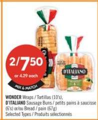 WONDER Wraps / Tortillas (10's), D'ITALIANO Sausage Buns / petits pains à saucisse (6's) et/ou Bread / pain (675g)